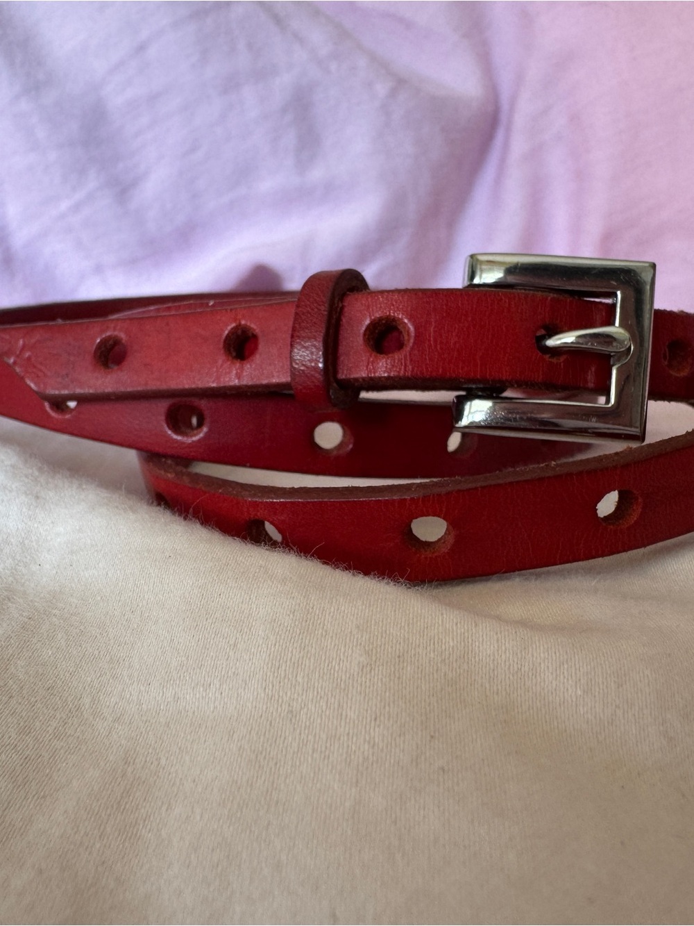 Skinny Red Leather Women's Belt with Silver Buckle